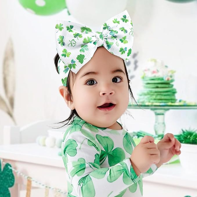 7” Large St Patricks Day Baby Bows Green Shamrock Clover Headbands for Girl Infant White Leaves Tied Bows Hairband St Patricks Hair Accessories Gift