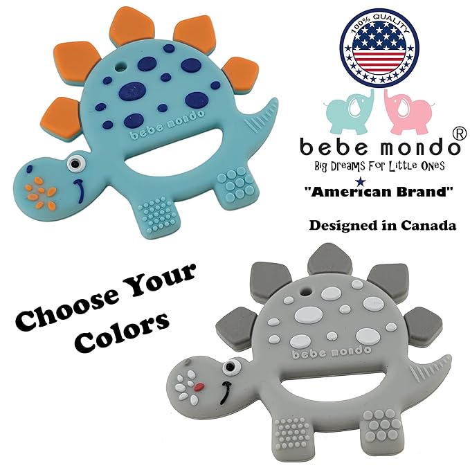 Bebe Mondo Dinosaur Baby Teething Toys 3–6 6–12 Months, Teethers for Babies 0–3–6–12 Months for Teething Relief, Baby Gift, Baby Teether Toys, Silicone Sensory Infant Toys, Soft-Textured- Turquoise
