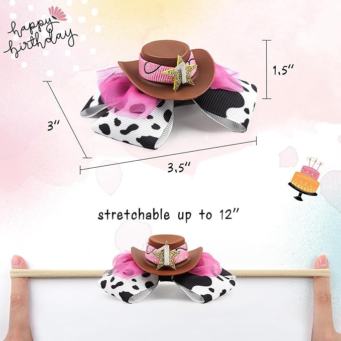 YanJie 3.5’’ Birthday Hair Bow for 1 Year Old Cowgirl Hat Bow Headbands for Girls Newborn Hair Accessories Rodeo Outfit for Girl Birthday Gifts