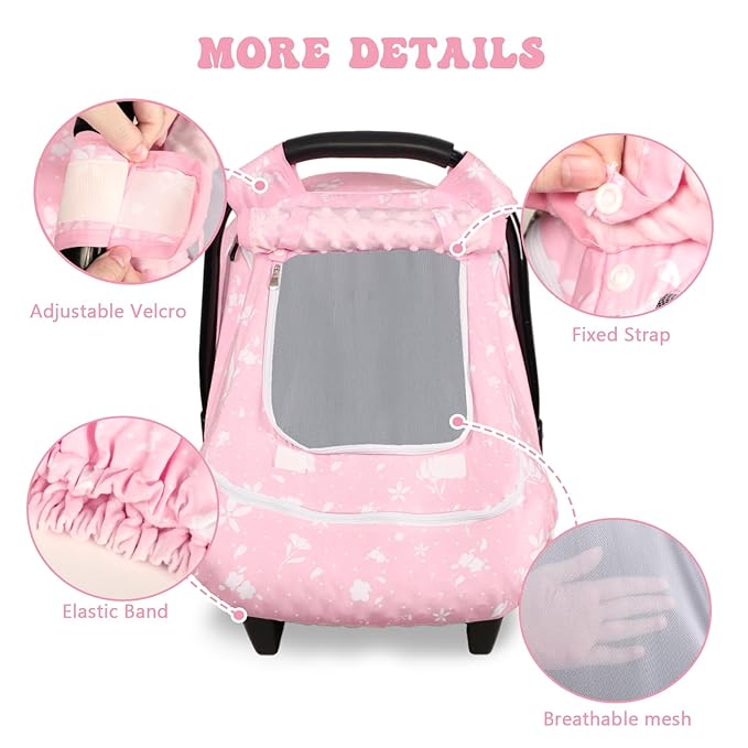 Baby Car Seat Cover for Girls, Infant CarSeat Covers with Mesh Man Fai Sky, Multi-Functional Newborn Canopy Breathable for Summer Winter, Windproof & Universal Fit, Flower