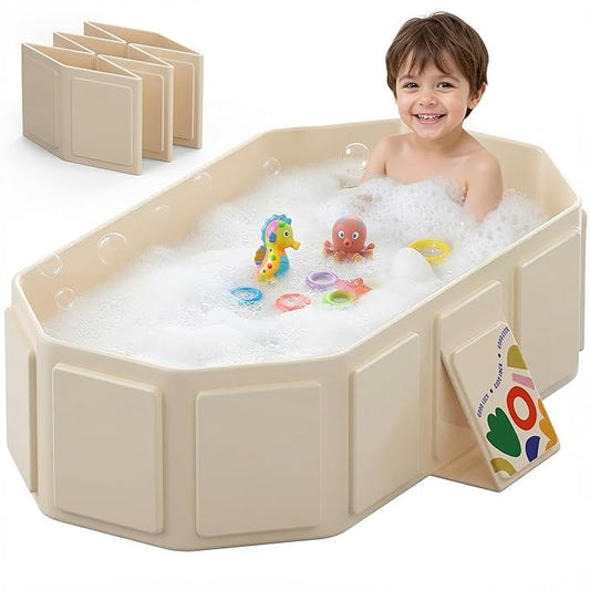 Collapsible Baby Bathtub for Newborn to Toddler, Foldable Toddler Bathtub with Drain Plug, Non-Slip Portable Infant Bath Tub for Travel, Storage & Outdoor Use, Beige