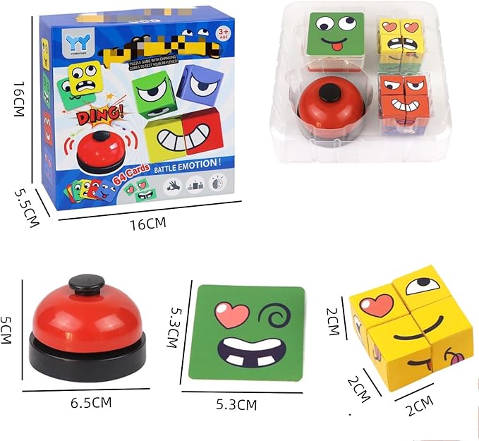 Face Changing Magic Cubes Game - Expression Matching Block Puzzle with Bell, Educational Building Toy for Kids & Adults, Fun Family Board Game