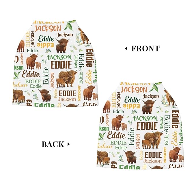 Personalized Baby Car Seat Cover for Boys Girls, Custom High Land Cow Nursing Covers for Breastfeeding with Name, Infant Stroller Cover, Baby Carseat Canopy for Newborn, Multiuse Car Seat Canopies