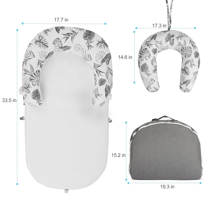 Portable Baby Lounger & Tummy Time with Zip-Up Carry Bag, Infant Support Cushion for Newborns to Toddlers (Leaf)