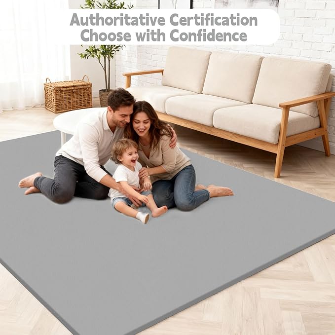 PU Leather Baby Play Mat for Floor, 47"×47" Playpen Mat, 1.3" Thick Elasti-Foam, Non-Slip Crawling Mat for Tummy Time, Waterproof & Wipe-Clean Playmat for Toddler,Infant, Kids (Grey）