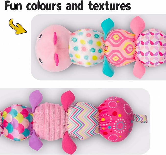 Sumobaby Infant Baby Musical Stuffed Animal Activity Soft Toys with Multi-Sensory Crinkle, Rattle and Textures, for Tummy Time Newborn 0-3-6-12 Months Girls, Caterpillar, Pink