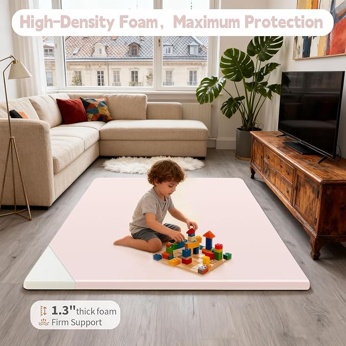 PU Leather Baby Play Mat for Floor, 47"×47" Playpen Mat, 1.3" Thick Elasti-Foam, Non-Slip Crawling Mat for Tummy Time, Waterproof & Wipe-Clean Playmat for Toddler,Infant, Kids (Pink)