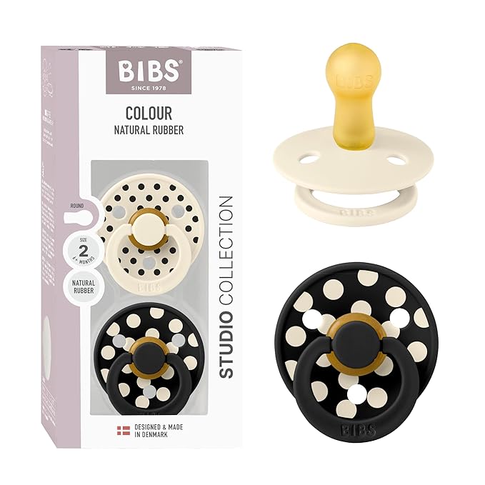 BIBS Polka Dots Pacifier 2-Pack, BPA Free Pacifiers with a Round Latex Nipple, Made in Scandinavia, Size 2 (6-18 Months), Ivory/Black