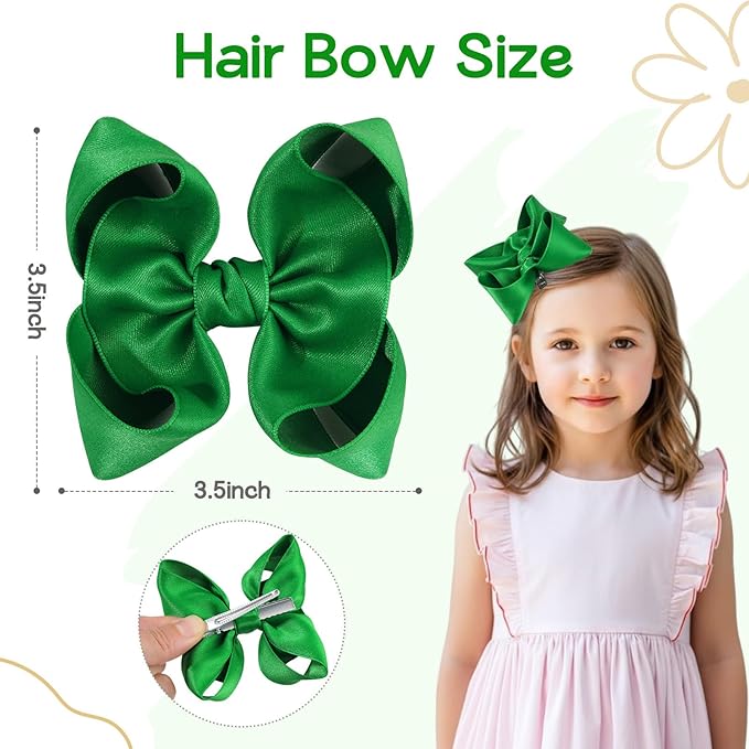 OAOLEER 2PCS 3.5inch Hair Bows for Girls，Green Stain Ribbon Hair Bows Alligator Clips Hair Accessories for Back To School Teen Toddler Girls Kids (Green)