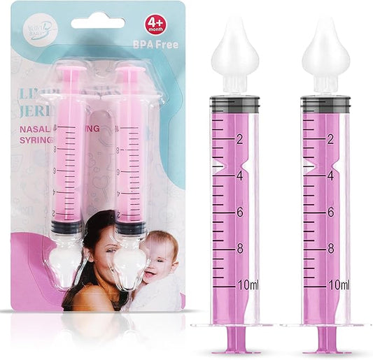 Bluet B - Baby Nasal Syringe (2-Pack) - Safe Silicone Nasal Aspirator for Newborn - Infant Mucus Removal - 10ml Nose Cleaner Syringe for Baby - Toddler Congestion Relief - Reusable Tips - Pink