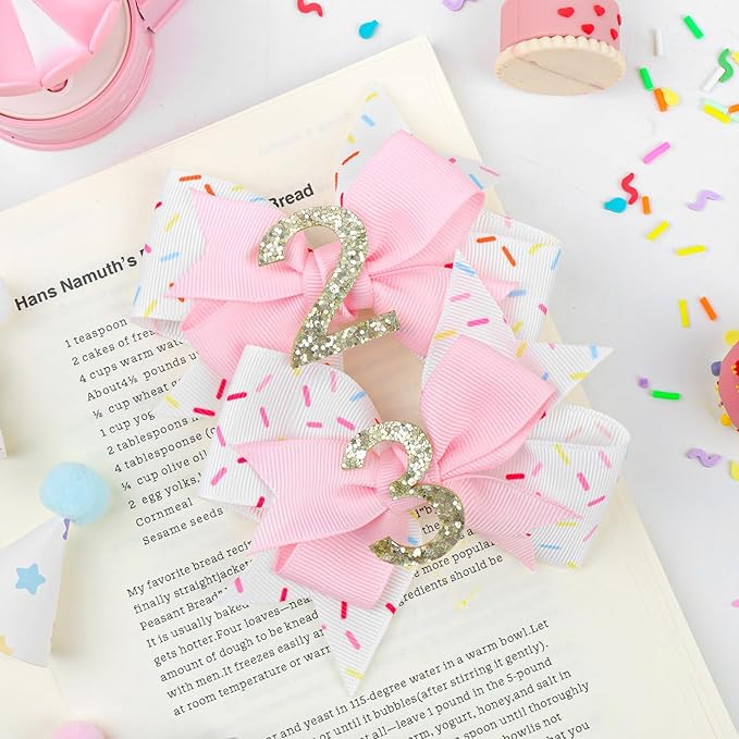 YanJie 1pcs 4'' Baby Hair Bow for 2 Years Old 2nd Birthday Outfit Girl Birthday Decorations for Girl Glitter Infants Hair Clips Accessories with Bows