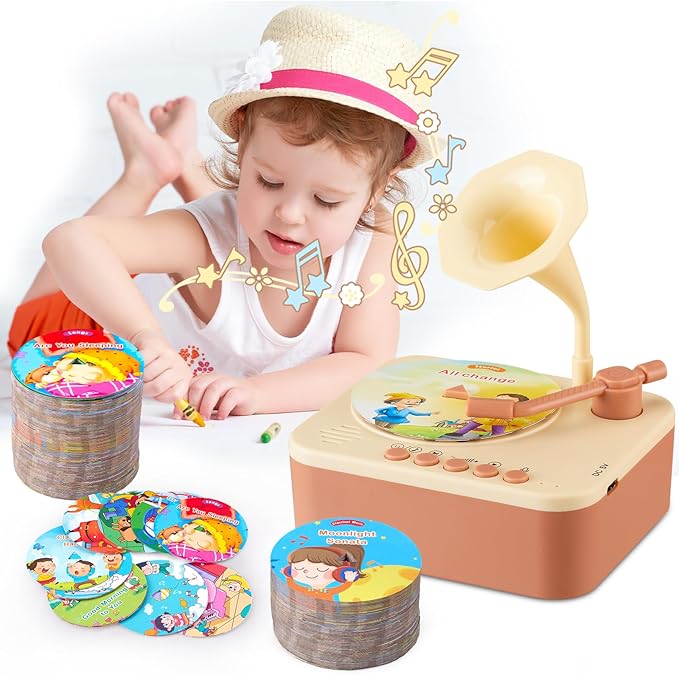 Toddler Gramophone Musical Toys - Player Audio Books for Kids, 99 Cards Stories Songs Phonograph Record, for Boys and Girls (Cozy Brown)