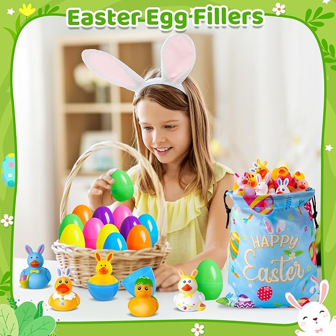 18 Pcs Easter Rubber Ducks with 18 Pcs Easter Eggs, Easter Ducks for Jeeps Easter Egg Fillers Basket Stuffers Party Favors, Rubber Ducks for Ducking Bath Toys for Kids Toddler with a Storage Bag