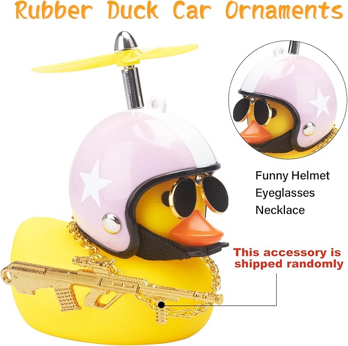wonuu Rubber Duck Car Ornaments Cool Yellow Duck Car Dashboard Decorations Squeaky Glasses Duck with Propeller Helmet for Car ccessories Dashboard (Y-White&Pink-Yellow G)