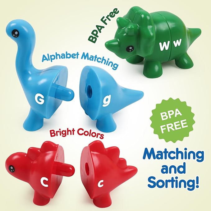 GKDOMS 26pcs Alphabet Dinosaurs Matching Toy, Toddlers ABC Learning Dinosaurs with Uppercase Lowercase, Match and Snap Fine Motor Game Preschool Learning Activities, Birthday Gifts for Boys & Girls