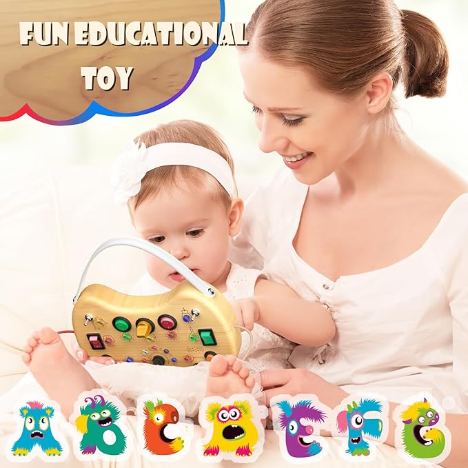 UdoUto Toddler Busy Board with LED Light Up Switch, Wooden Montessori Busy Board for Todder 1-3, Travel Toys for Autistic Kids, Gift for 1 2 3 Year Old Baby Boys & Girls