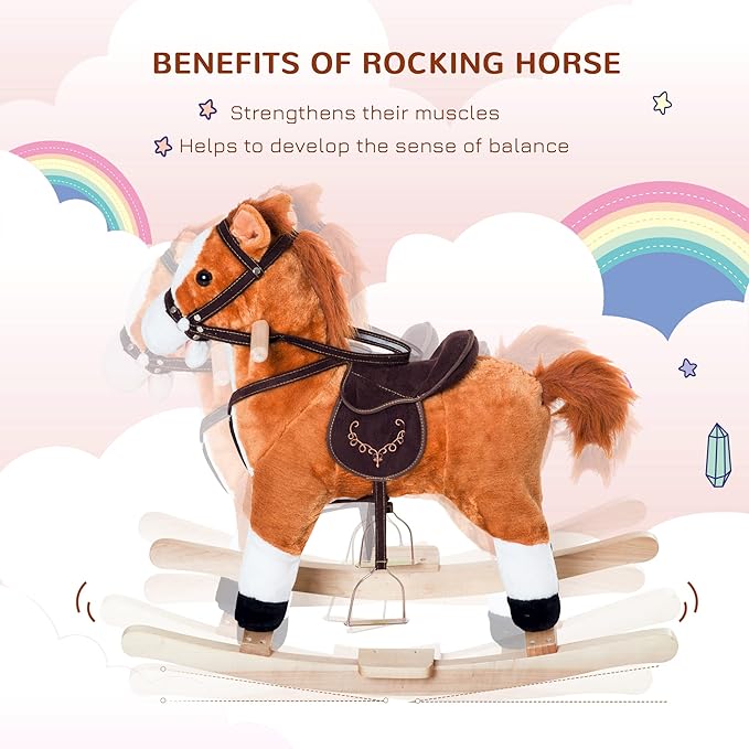 Qaba Kids Plush Toy Rocking Horse Ride on with Realistic Sounds - Brown