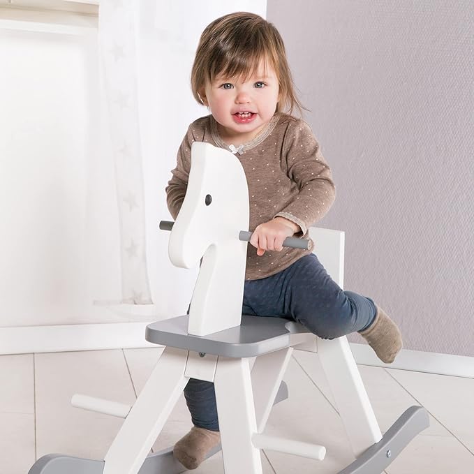 Roba Wooden Rocking Horse - White & Gray - Solid Wood Lacquered, Ride-On, Grows With the Child, Removable Protective Ring, 55 Lb Capacity, For 18+ Months