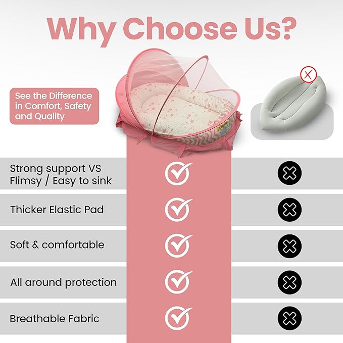 Baby Lounger for Newborn 0-24 Months, with Mosquito Net, Breathable & Soft Baby Nest, Portable & Lightweight (Pink)
