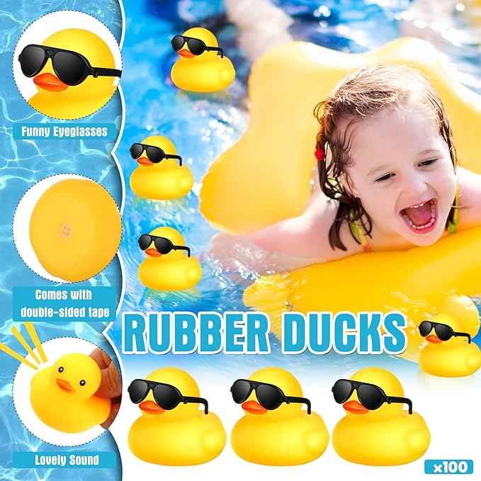 Chivao 100 Pcs Rubber Ducks with Sunglasses in Bulk Mini Yellow Rubber Duck Gifts Squeak Bath Float Bathtub Toys for Cruise Gift Exchange Birthday Party Supplies