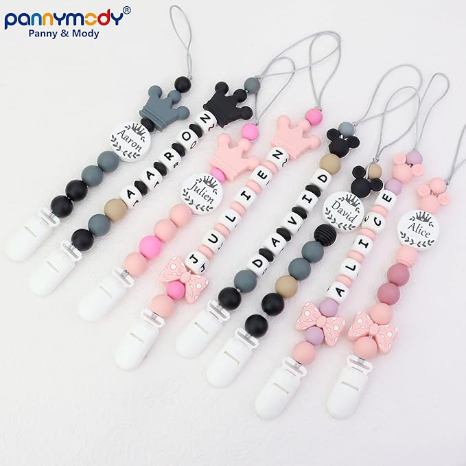 Personalized Pacifier Clip with Name, Customizable Pacifier Clip (2 Pack) (Mouse-Pink)