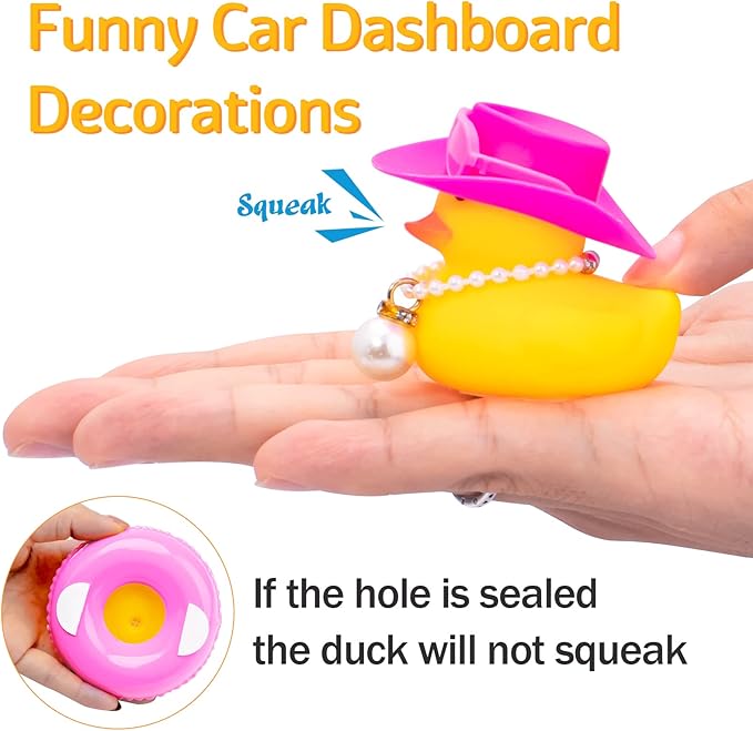 wonuu Car Rubber Duck, Yellow Duck Decoration Dashboard with Sun Hat Swim Ring Necklace Sunglasses for Car Dashboard Decorations, Pink White Cowboy Hat-Pink-Big Pearl