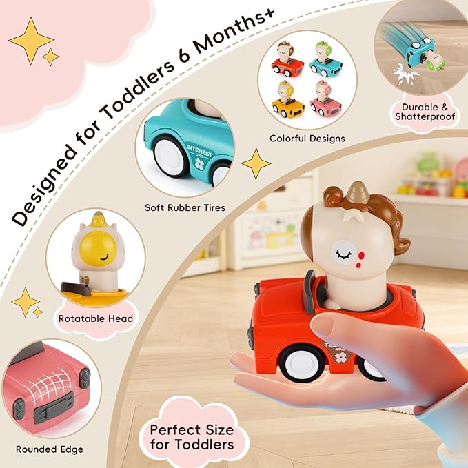 Press and Go Car Toy for Toddler 1-3,Friction Powered Animal Push Car,No Batteries Needed,BPA-Free, Easy to Clean,Indoor Outdoor Toy for 6-9-12-18 Month,Birthday Gift for 1-2 Year Old Boy Girl