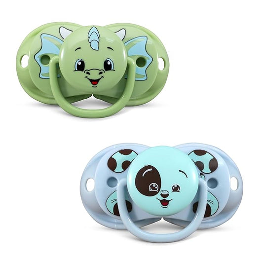 RaZbaby Keep-It-Kleen Baby Pacifier 2-Pack Closes When Dropped - BPA-Free Silicone Orthodontic Nipple, Ideal for Travel, Nipple Stays Clean, 0-36 Months - Dragon/Puppy - Personalized