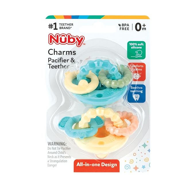 Nuby Charms Silicone Infant Pacifier and Teether - 2 Pack - 0+ Months - Yellow and Blue