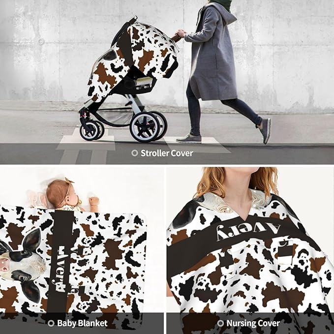 Personalized Farm Cow Baby Car Seat Canopy – Custom Name Minky Opening Nursing Cover, Breathable Infant Carseat & Stroller Cover for Newborn Boys Girls