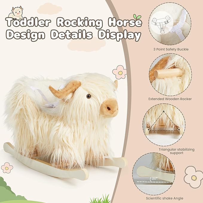 Baby Rocking Horse,Highlander Cattle Toddler Rocking Toy for 1+ Year Old Cute White Cow Stuffed Cow Rocker Toy Rocking Animal for Baby Boys and Girls Nursery/Child Christmas or Birthday Gift