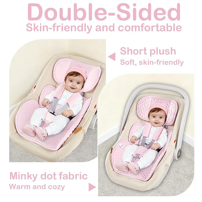 Hooyax Infant Car Seat Insert with Ultra-Thick Head Support - Universal 3-in-1 Baby Car Seat Cushion Set, Dual-Sided Newborn Carseat Insert for Carseat, Stroller, Bouncer, Swing(Pink)