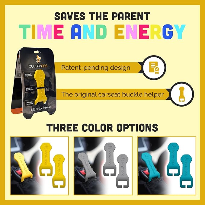 Bucklebee Easy Car Seat Buckle Release Aid for Children Unbuckle - Release Tool - Button Pusher - Opener for Nails - (Gray and Yellow)