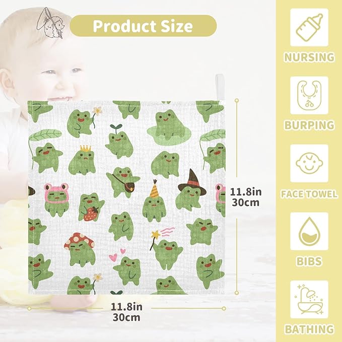 Cute Toads Frogs Baby Muslin Washcloths Soft Face Towel for Newborns, 11.8 X 11.8 Inch, 5 Pack