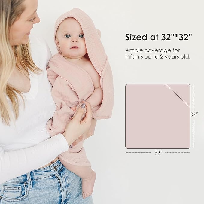 MairMore Muslin Baby Towels with Hood for Newborn 100% Cotton Baby Bath Towels Soft & Absorbent Hooded Baby Towel for Boys and Girls, Large Size - 32 * 32 Inches