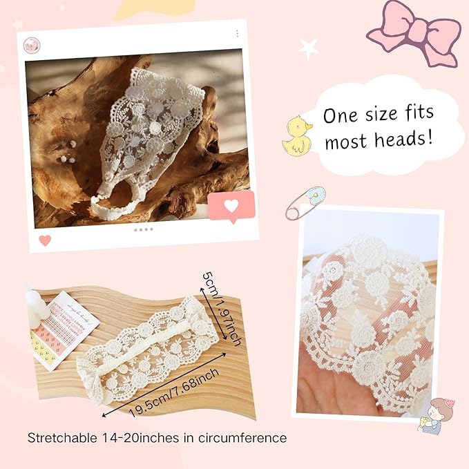 Lace White Bow-knot Baby Girls Headband Birthday Shower Infant Wrap Elastic Flower Baby Turban Hairband for Newborn Infant Toddler Kids (Flower, Elastic)