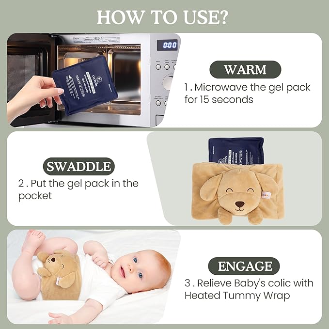 Baby Colic and Gas Relief, Heated Tummy Wrap for Newborns Belly Relief by Soothing Warmth, Baby Heating Pad Swaddling Belt Relief & Soothe Gas, Colic and Upset Stomach for Newborns to Toddler (Puppy)
