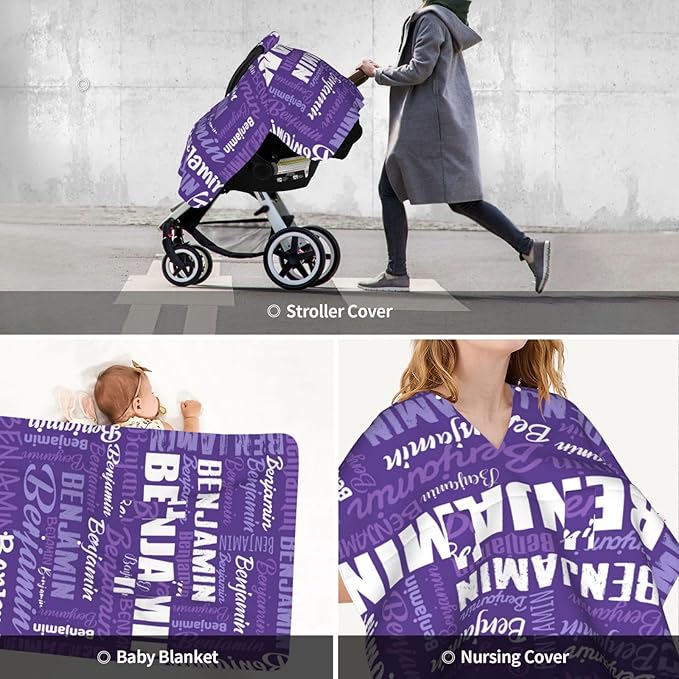 Personalized Baby Car Seat Canopy for Babies, Custom Name Baby Car Seats Covers for Girls Boys, Opening Minky Nursing Breastfeeding Cover for Infant, Carseat Canopies for Newborn (Purple)