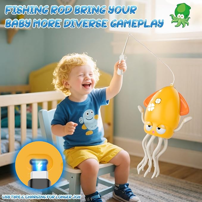 AOTIBO Baby Dancing Octopus Toy for 1 2 3 4 5 Year Old Boy Girl, Baby Tummy Time Electric Crawling Octopus Toys 12-18 Months, Dancing Squid Toy for Walking Toddlers, Kids 1st Birthday Gifts, Yellow
