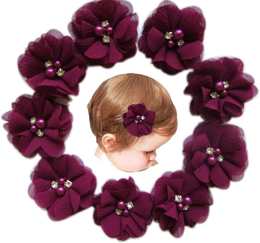 Baby Girls Chiffon Flower Hair Clips with Rhinestones and Pearl,YYCRAFT 10 pcs Party Wedding 2" Hair Accessory for Kids Toddler Infant Girls(Deep Plum)