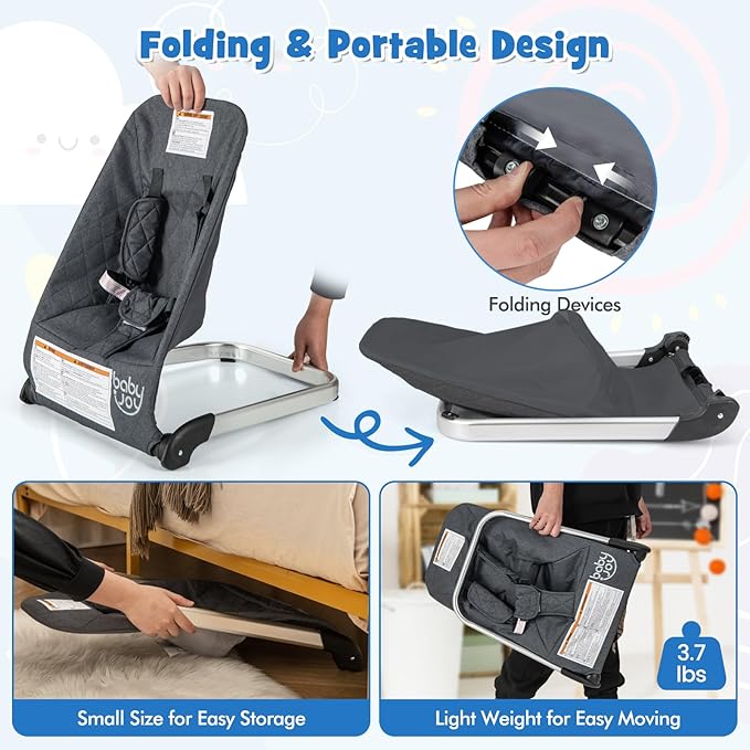 BABY JOY Baby Bouncer, Foldable Bouncer & Stationary Seat with 5-Point Safety Harness, Removable Fabric Cover, Portable Infant Bouncer Seat for Newborns Baby 0-6 Months (Dark Gray)