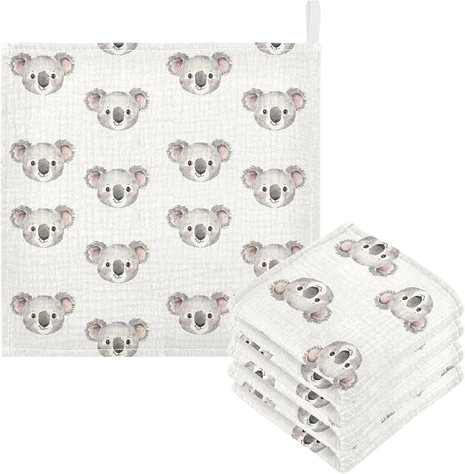 vvfelixl Baby Muslin Washcloths Cartoon Koala Bear Face Baby Burp Cloths Cotton Babys Face Towel for Newborn Infants Boys Girls Soft and Absorbent 11.8 X 11.8 in, 3 Pack