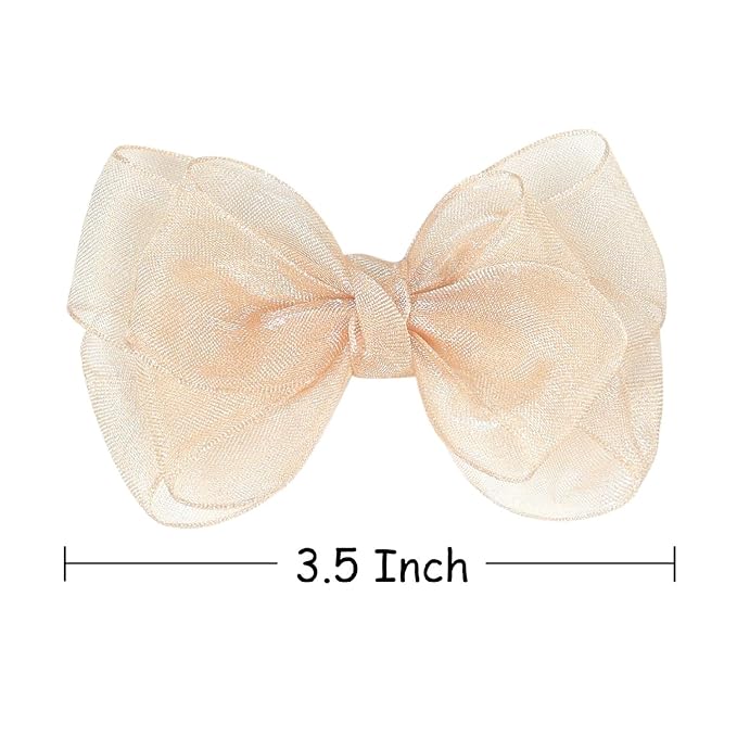 3.5-Inch Organza Hair Bows for Girls - Elegant Sheer Ribbon Alligator Clips for Toddlers, Kids, and Teens - Pack of 2, Champagne Gold