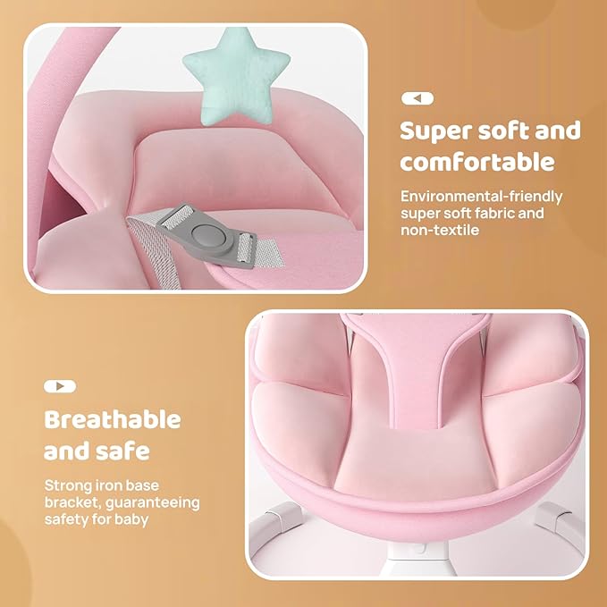 Electric Baby Swing with Remote Control - 5 Natural Motion Speeds, Detachable Seat Pad | Portable Infant Swing for Indoor/Outdoor Use (0-6M, 20lbs) (Pink)