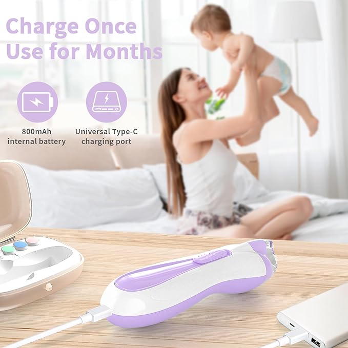 Baby Nail File Electric Baby Nail Care Set with LED Light, Baby Nail Clipper Electric for Newborn/Infants/Adults Toenails and Fingernails, 7 Grinding Head Replacement Pads, Purple