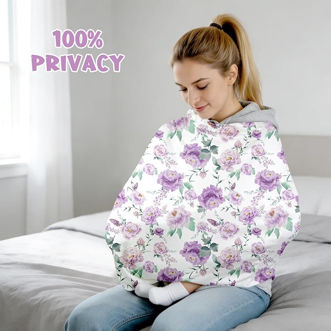 Baby Car Seat Cover Girls, Infant Carseat Canopy, Stretchy Multi- use Nursing Cover for Stroller/High Chair/Shopping Cart/Car Seat Canopies (Purple Floral)