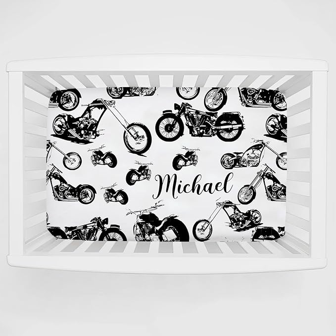 Personalized Pack and Play Sheets with Name, Custom Name Baby Mini Crib Sheets for Baby Boys, Name Pack n Play, Fitted Sheet with Name, Soft and Breathable Material (Motorcycle)