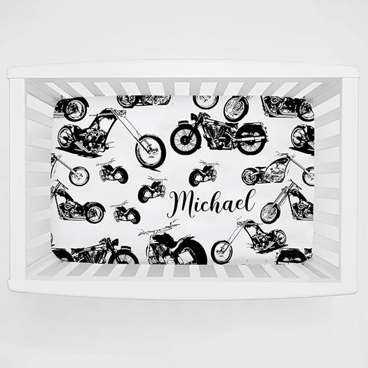 Personalized Pack and Play Sheets with Name, Custom Name Baby Mini Crib Sheets for Baby Boys, Name Pack n Play, Fitted Sheet with Name, Soft and Breathable Material (Motorcycle)