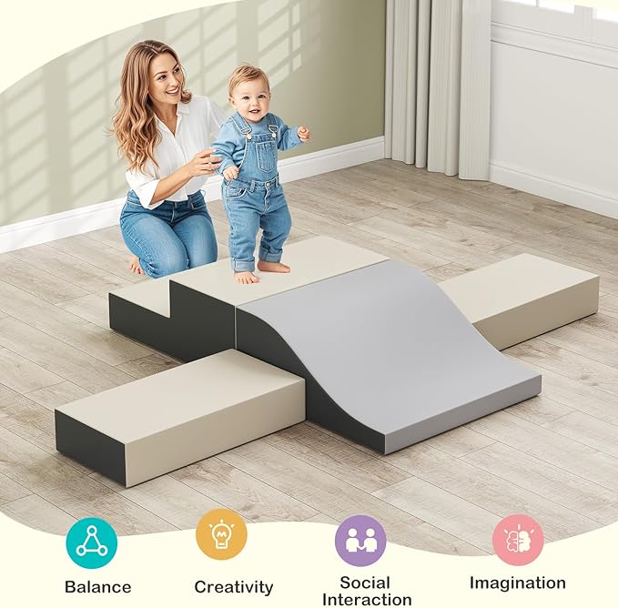 Olakids Toddler Climbing Toys Indoor, 10 Pieces Baby Foam Blocks Soft Play Set with PU Leather, Kids Climb Crawling Activity Gym Playground for 1+ Years (Gray)