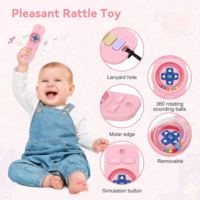MISSLILI Teething Toy for Babies 3-6-12 Months, Silicone Baby Rattles Teether, Teething Relief Infant Toddles TV Remote Control Teether for 0-24 Months, Pink